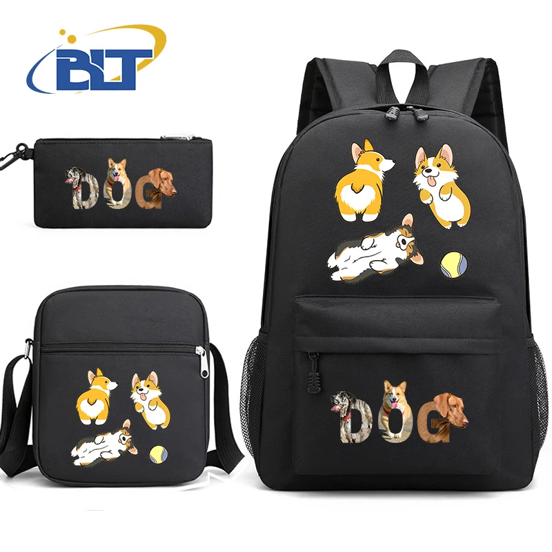 Cute dog print student school bag youth backpack shoulder bag pencil case 3-piece set kids gift