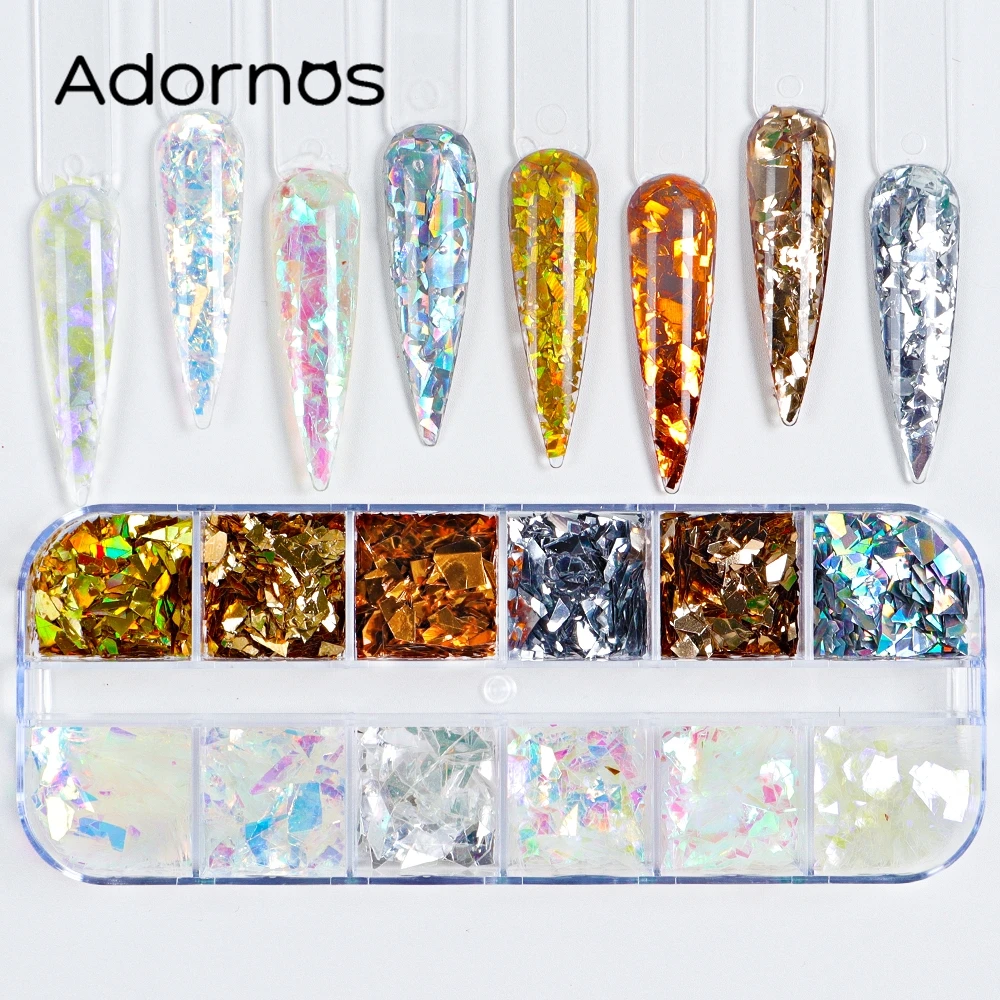 

12Grids Holographic Irregular Sequin Nail Decorations Glitter Gold Silver Aurora Flakes Nail Foil Fragments Manicure Accessories