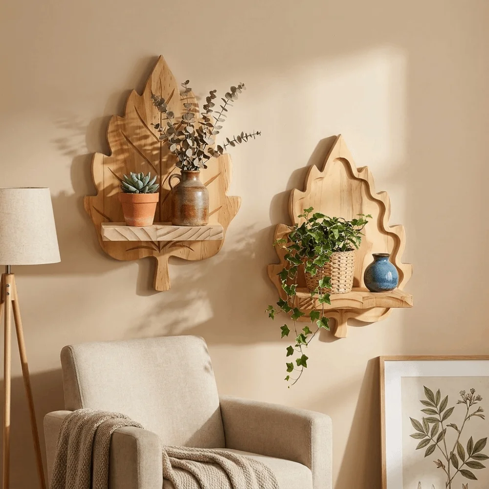 Wooden Maple Leaf Wall Shelf Stable Decorative Wall Mounted Leaf Shelf Nature Style with Screws Wooden Leaf Floating Shelf