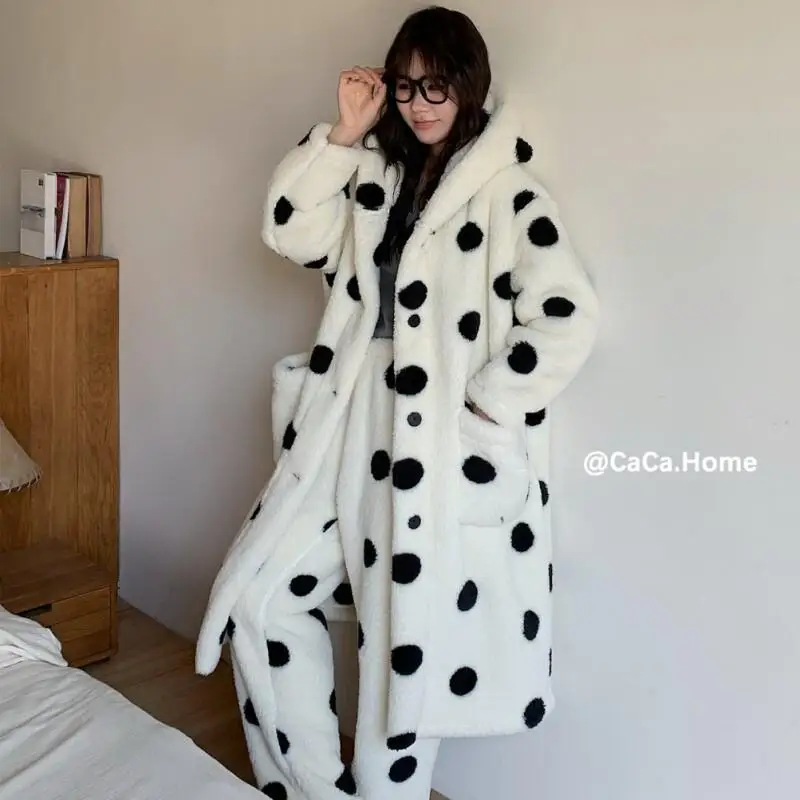 

Women's Pajama Set Comfortable Sleepwear Flannel Fleece Hooded Girl Nightgown Homewear Soft Warm Polka Loungewear Pajamas Winter