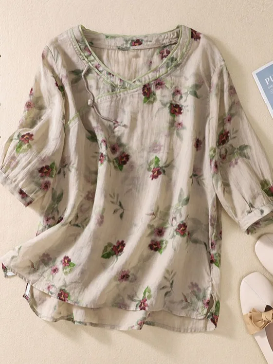 

New Chinese Sle Loose Floral irt Women's Thin Summer New Sle Seven Sve Loose Slimming Versatile Polyester Fiber