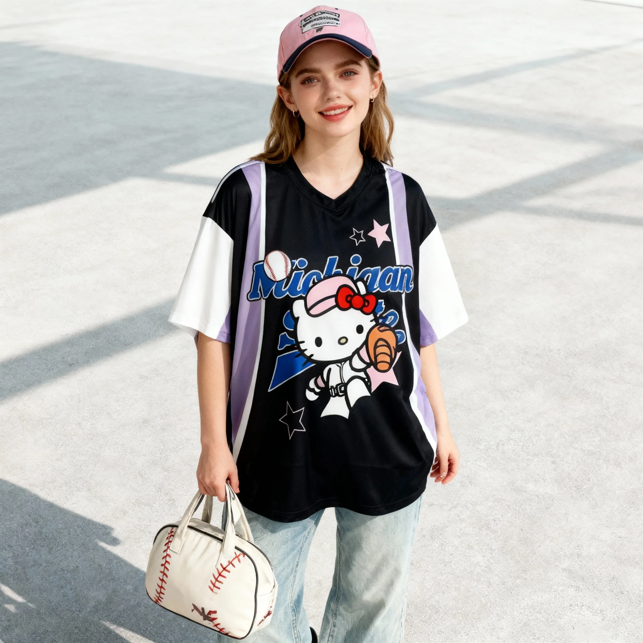 

Семейная бейсбольная футболка Sanrio Hello Kitty, милая и крутая американская уличная летняя футболка, женская футболка больших размеров для взрослых, новый топ