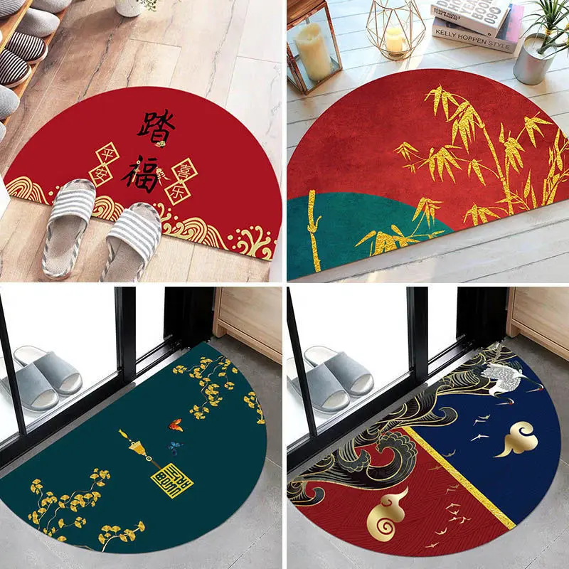 New Chinese Style Entrance Mat Semi-Circular Water Absorbent Door Mat for Home Living Room And Bathroom Entrance Polyester Fi...