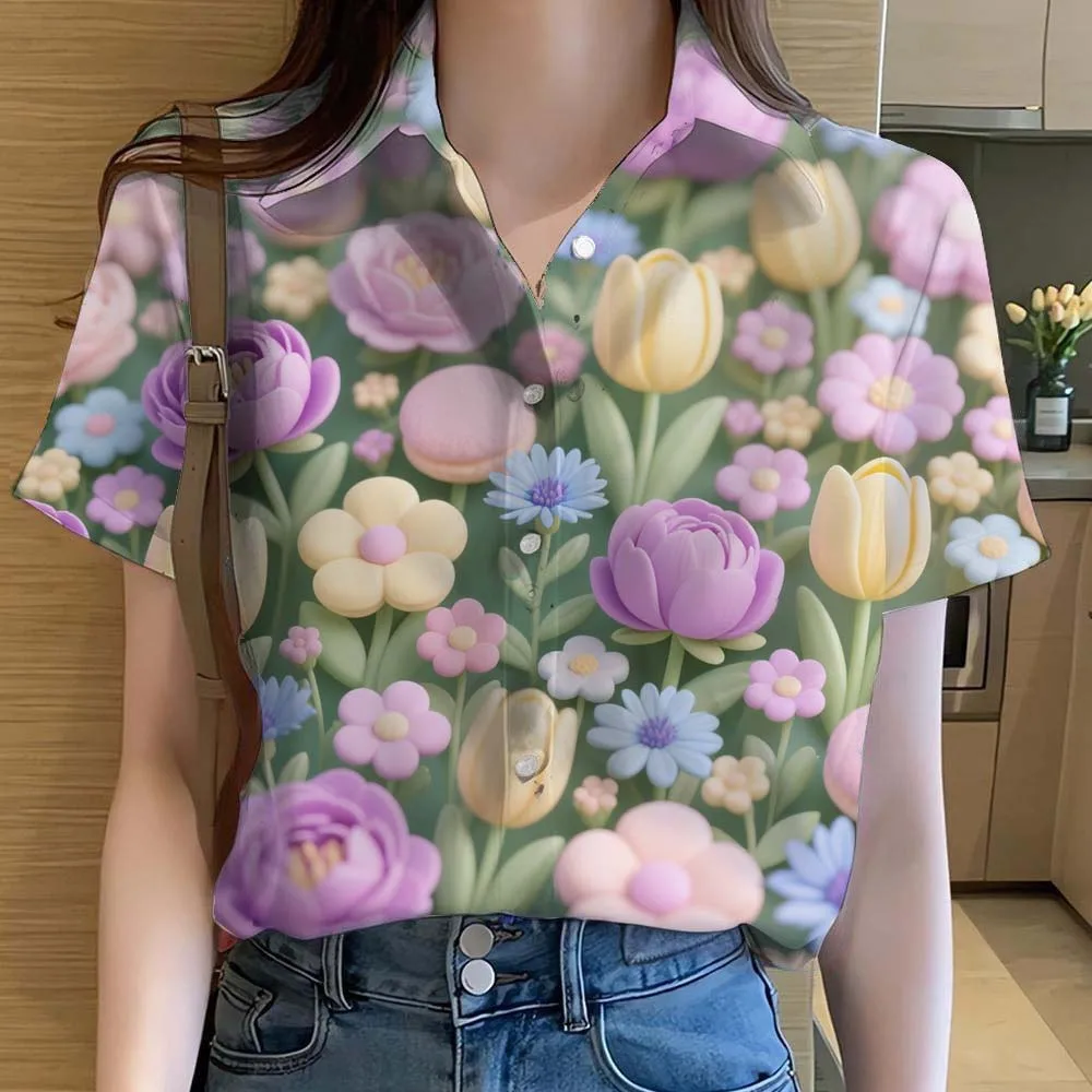 Fashion Womens Shirts Button Floral 3D Printed Casual Short Sleeve Beach Shirt Summer New flower Shirt  Y2k Women's Clothes