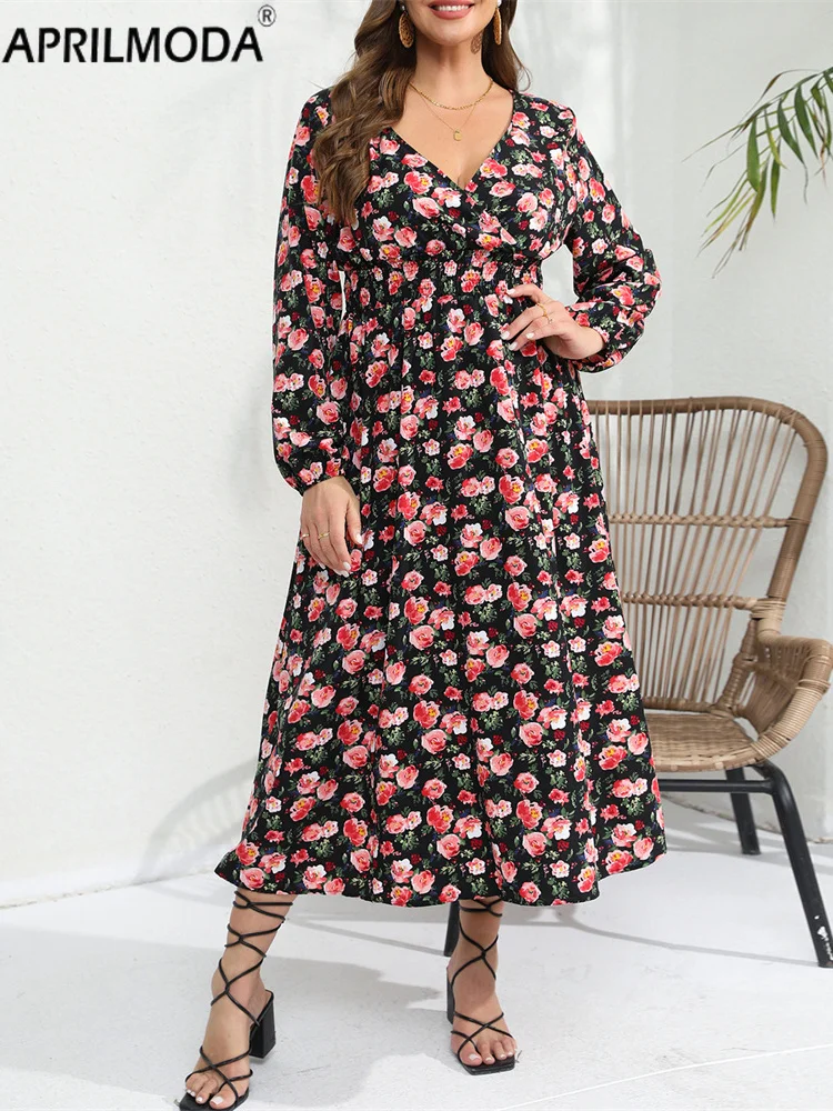 2024 Flower Print Midi Long Party Dress Full Sleeve Oversized Sundress A Line Retro Vintage Holiday Tunic Swing Dresses 4xl 5xl