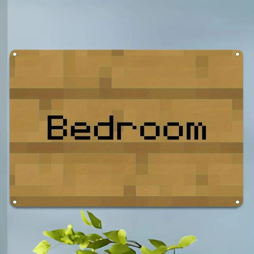 Vintage Pixel Art Bedroom Sign - 8x12 Inch Mini Metal Wall Decor with Mosaic Wood Texture Design, Easy to Install for Home