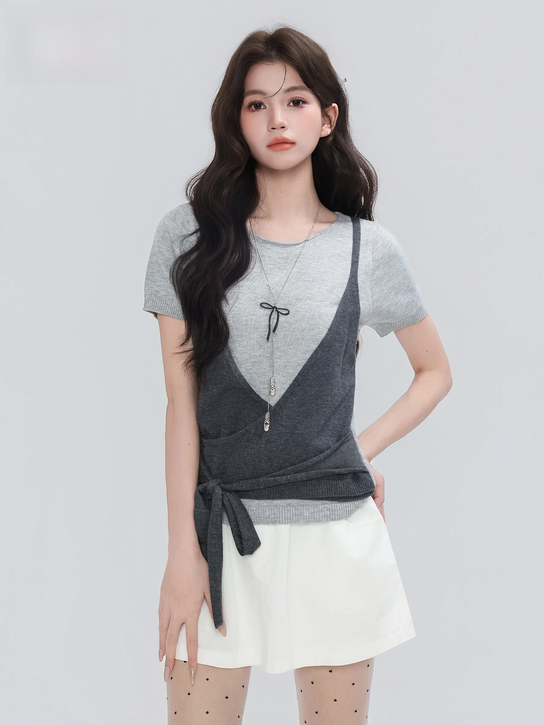 

Korean Style Short Sleeve Knitted Top Women's Slim Fit Layering Tie Belted Tank Top round Neck Pure Color Spring Autumn