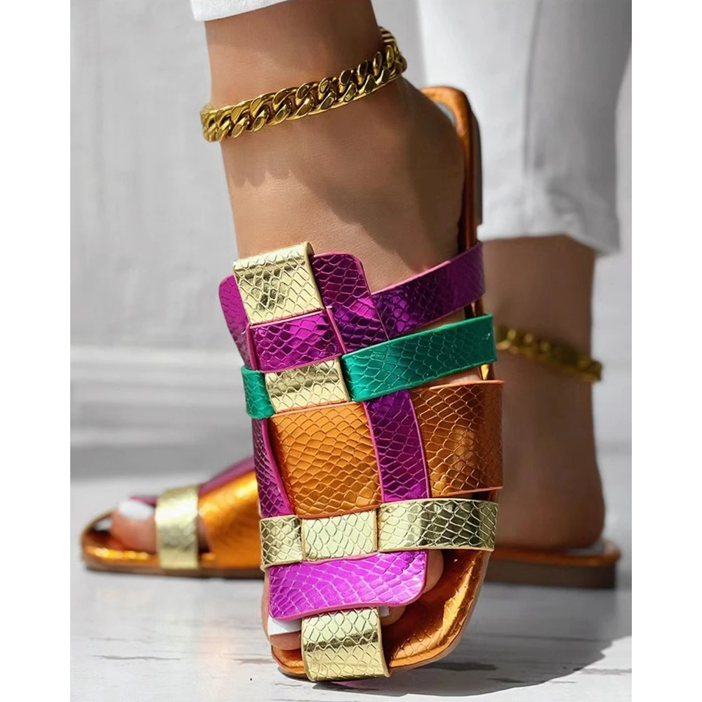 Outdoor Summer Women Rainbow Colorblock Square Toe Beach Slippers Fashion Casual Going Out Flat Sandals Shoes