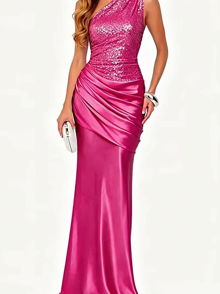 Sexy Slanted Shoulder Formal Evening Gowns Fashion Sequin Splicing Draped Party Dress Casual Sleeveless Hight Waist Long Dresses