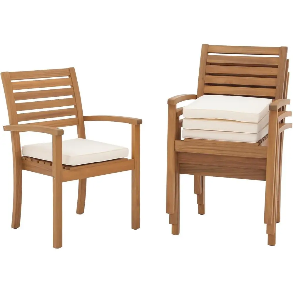 

Stackable Patio Dining Chairs Set o 4, Outdoor Acacia Wooden Chairs w/Armrest & Removeable abric Cushion, or Porch, Backyard, Ga