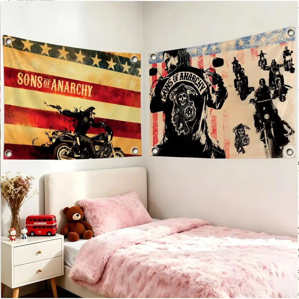 Tv Biker Sons Of Anarchy Flags Four Ring Borderless Art Decor Indoor Outdoor Use Simple Hang And Install
