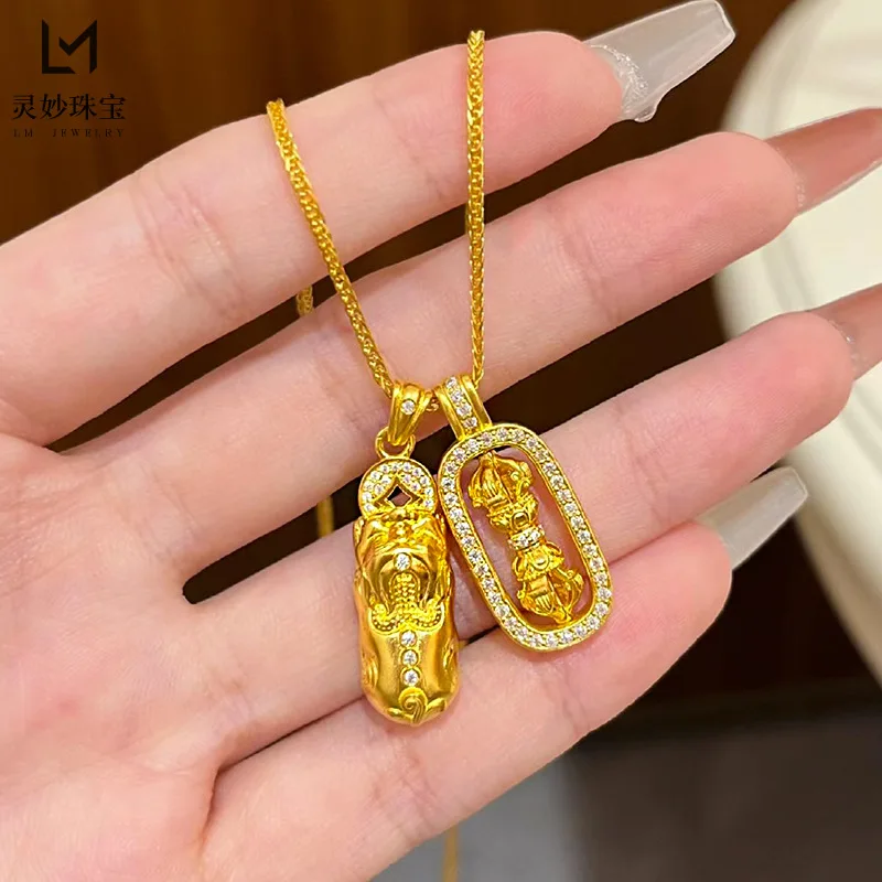 

9999 24K real gold necklace for women with dot diamond Pixiu Vajra stacked pendant new Chinese style new collarbone chain