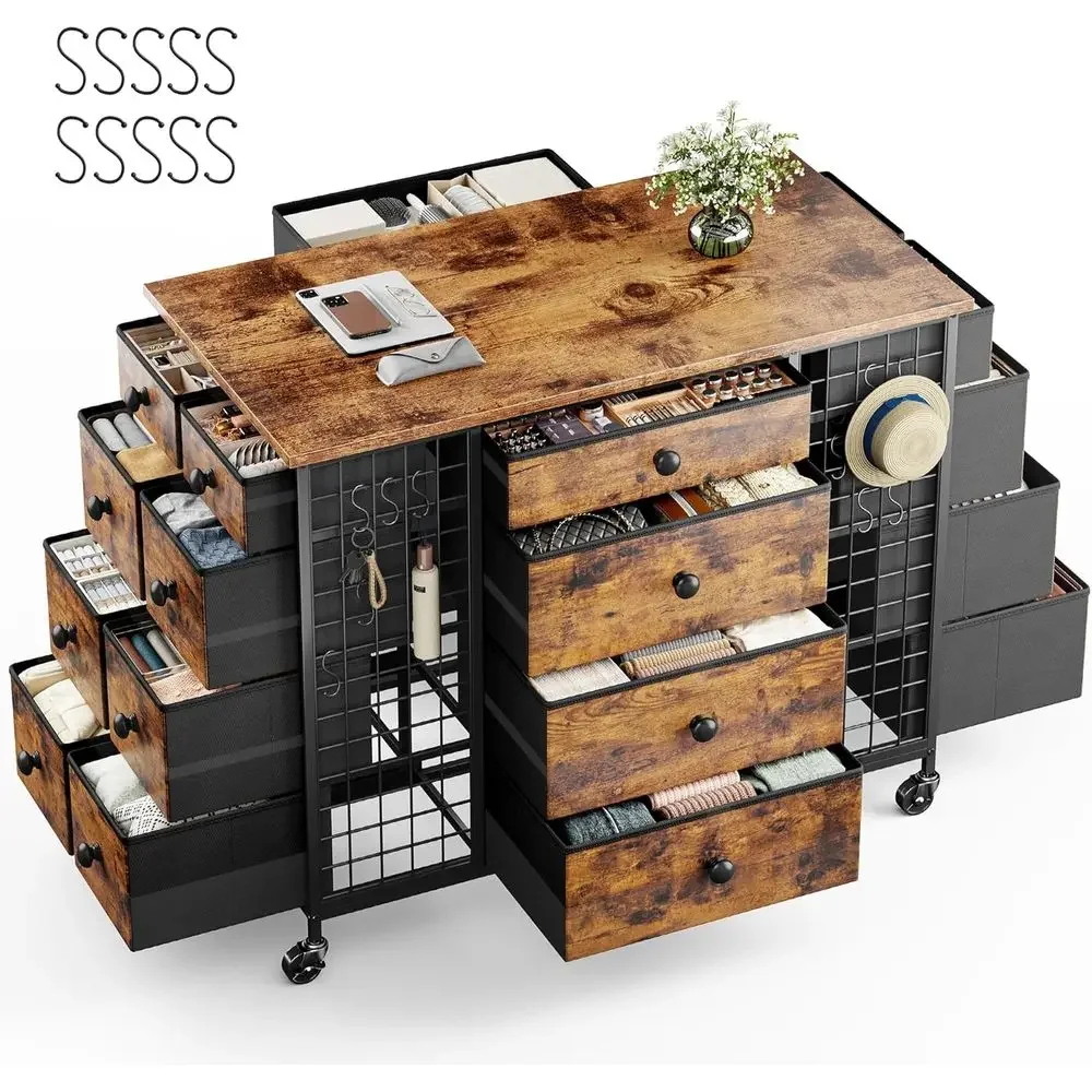 24-Drawer Dresser with 4-Wheel Metal Frame, Wide Wooden Top, Closet Island, Hooks, and Rustic Brown Finish