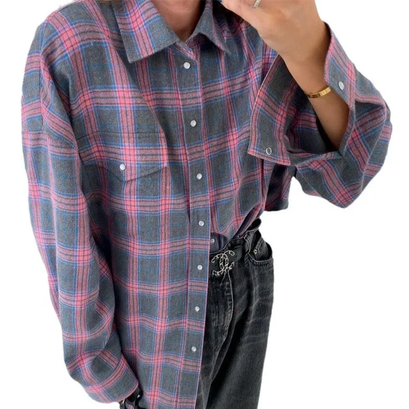 Women Vintage Long Sleeve Shirt Oversized Plaid Shirt Autumn Winter Fashion Loose Lapel Pocket Shirt Fit Blouse Korean Style