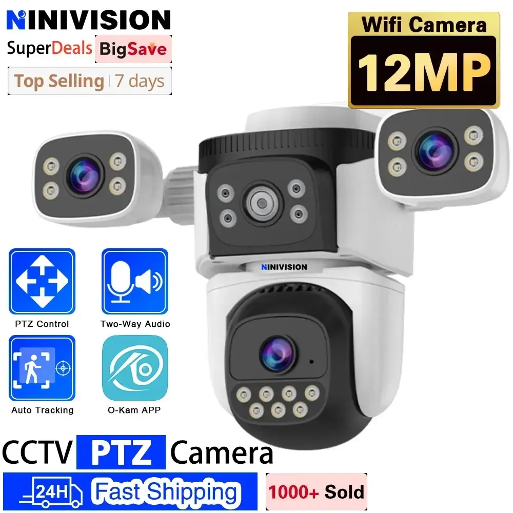 

12MP 6K WiFi Camera Triple Lens Three Screen Security Video Cam PTZ Auto Track CCTV Surveillance IP Camera Outdoor Baby Monitor