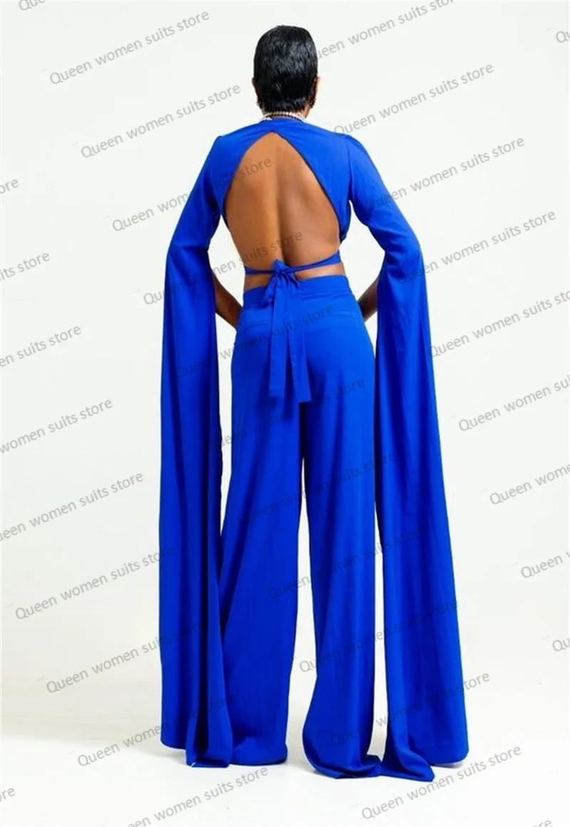 Conjunto de traje Sexy para mujer, Blazer y pantalones de manga larga, abrigo corto hecho a medida, vestido de fiesta de graduación con cordones y espalda descubierta, azul real, 2 piezas