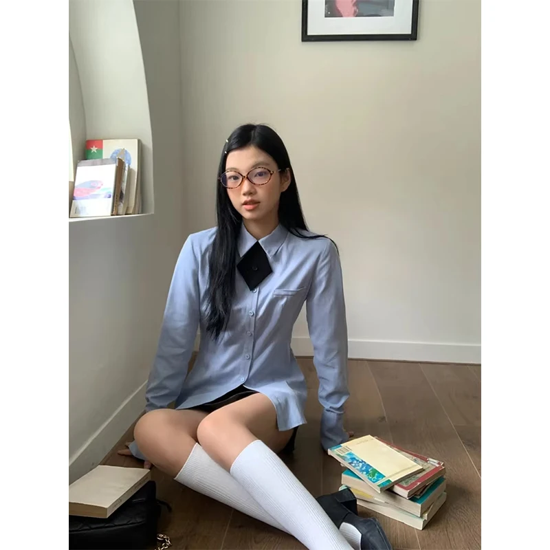 

MEXZT Harajuku with Tie Shirts Women Japanese Preppy Blue Long Sleeve Blouses Spring Summer Korean Fashion Basic Slim Chic Tops