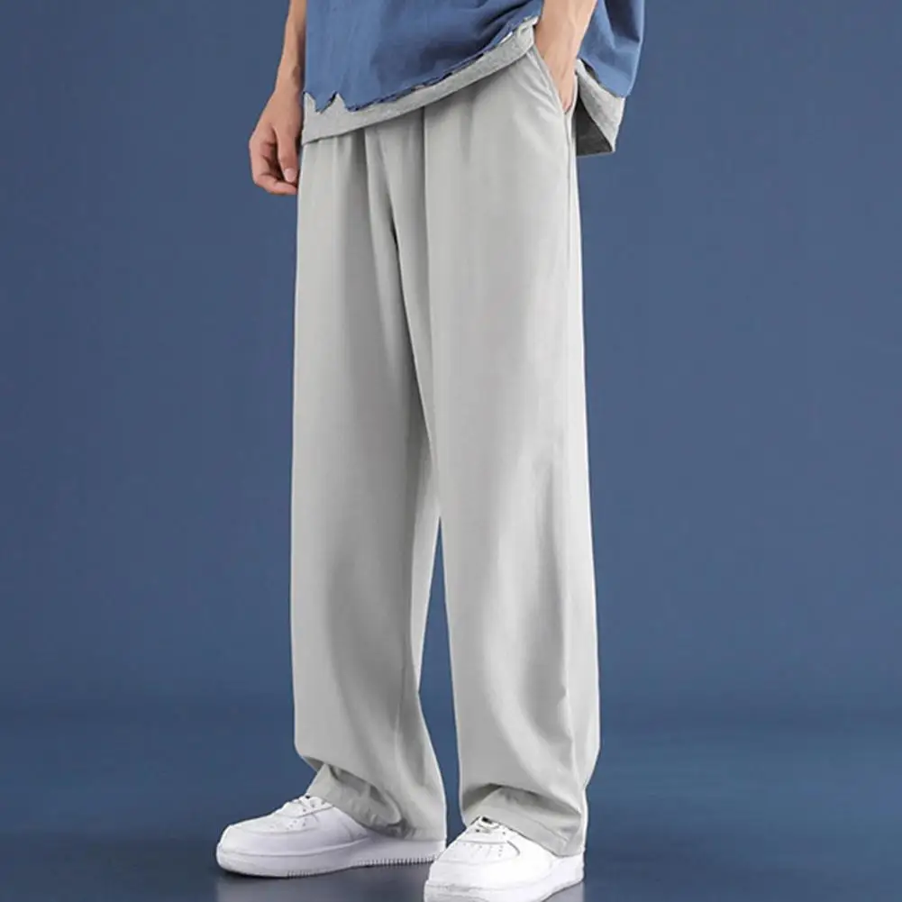 

Elastic Waist Trousers Japanese Style Men's Ice Silk Wide Leg Sweatpants with Side Pockets for Gym Training Jogging Elastic