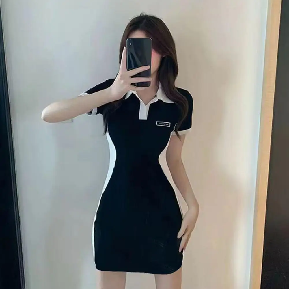 Chic Short-sleeve Dress Women's Colorblock Mini Shirt Dress with Collar Casual V Neck Bodycon Style Short Sleeve for Fashion