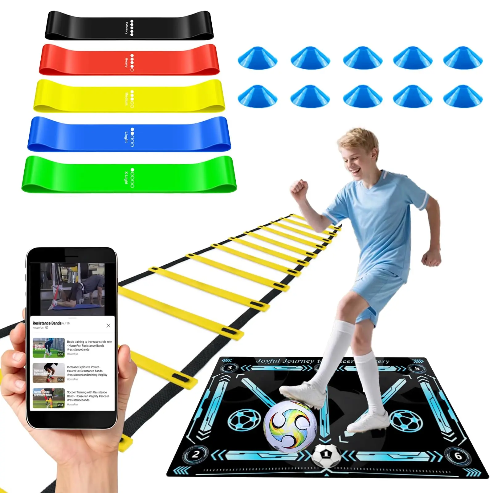 

Комплект футбольного тренировочного оборудования с футбольным тренировочным ковриком, эспандеры, конусы-лестницы для пешеней и координации ловкости