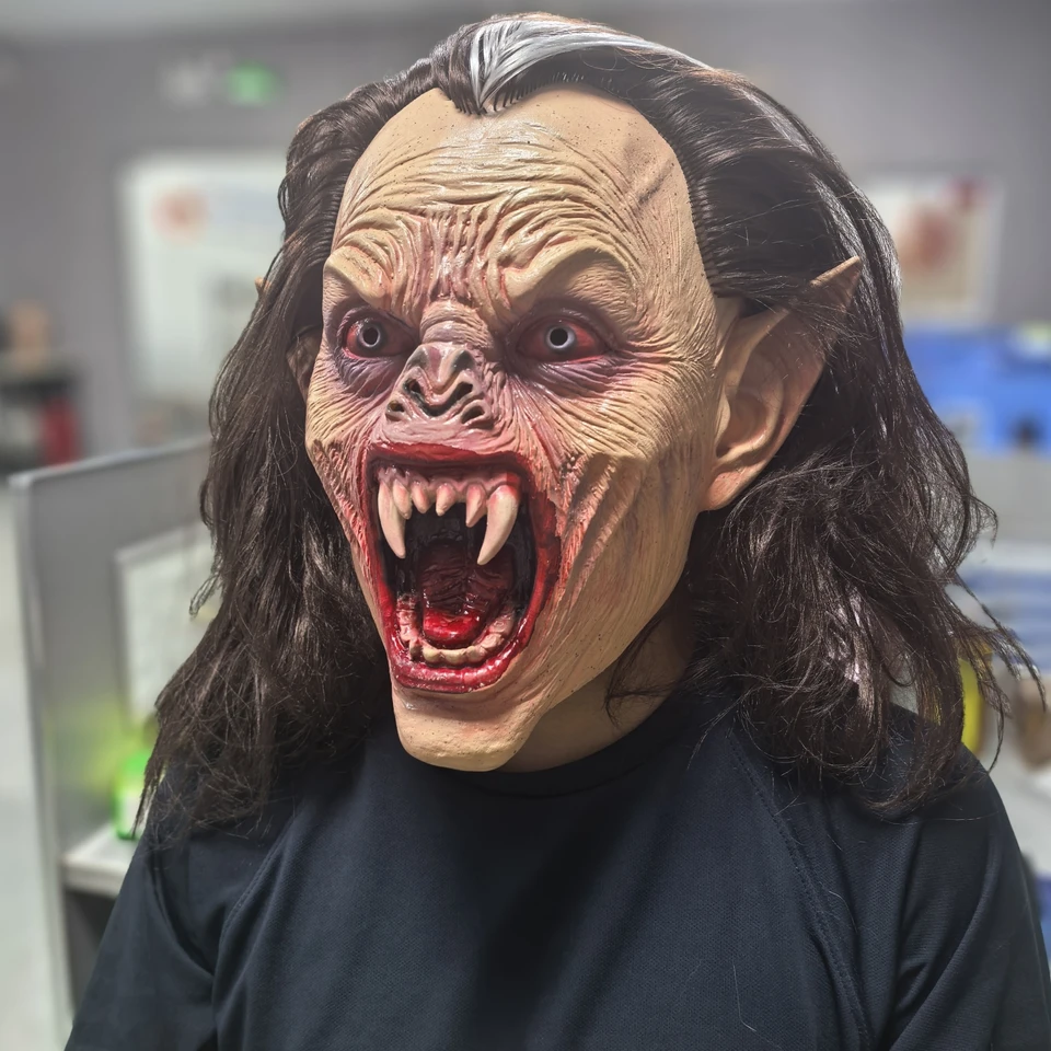 Adult Lifelike Vampire Costume Prop Rubber Mask with Long Hair And