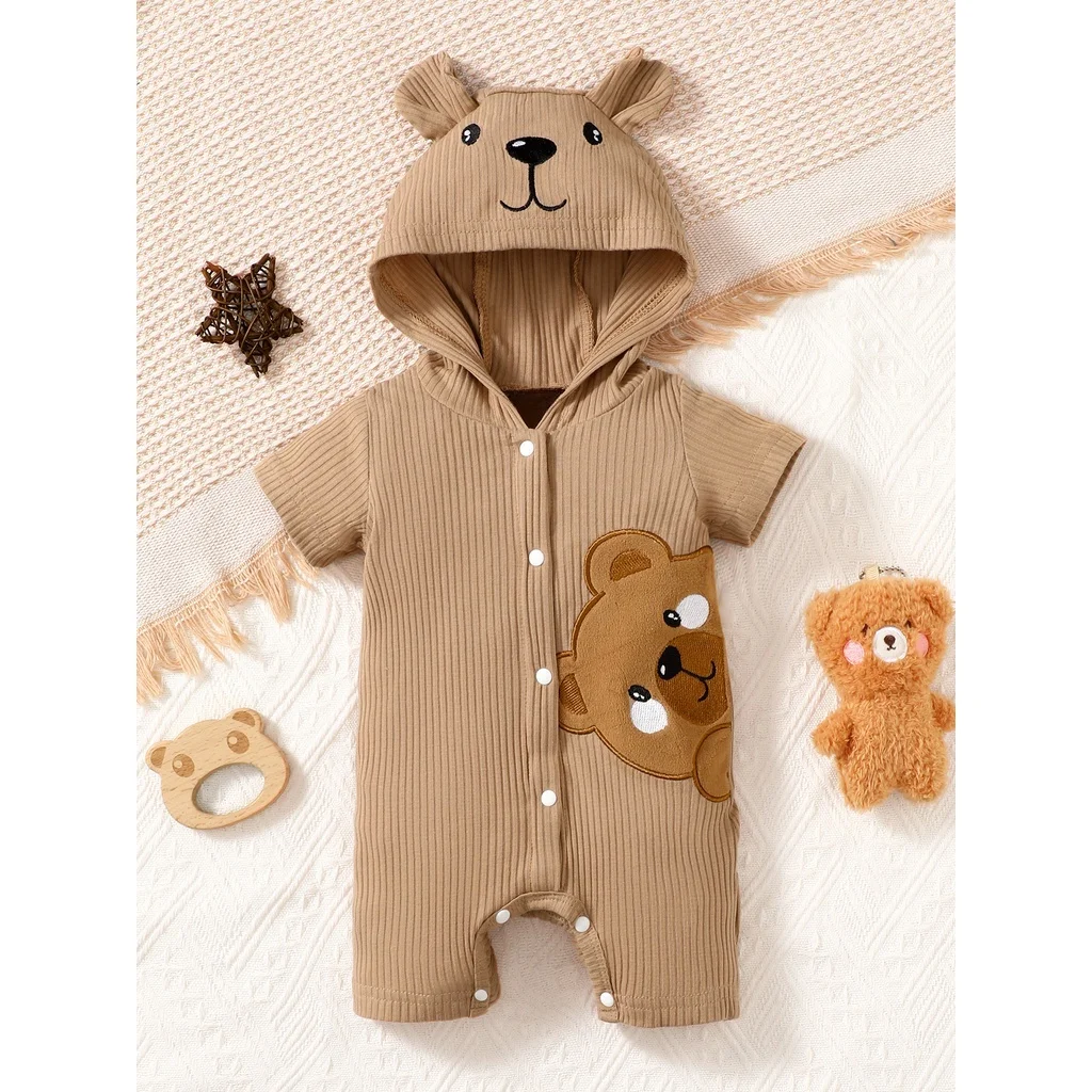 0-9 Months Newborn Baby Boy Girl Ribbed Brown Short Sleeve Bear Print Hooded Romper Fashion Lovely Jumpsuit Photograph Outfit