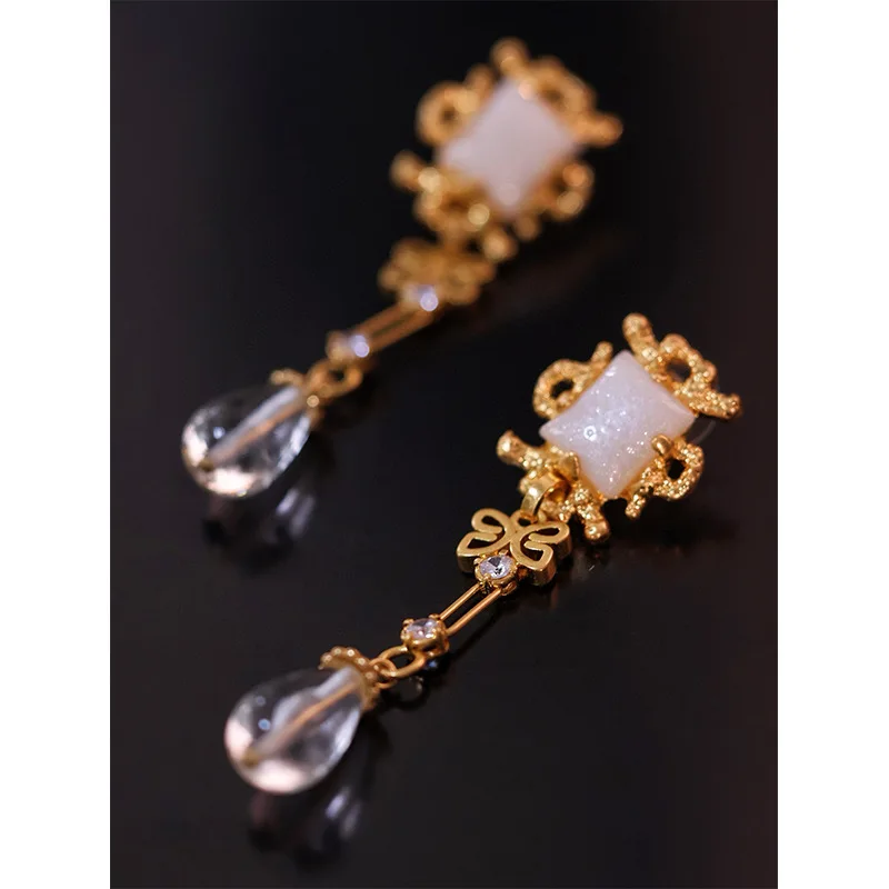 Medieval Palace Style Transparent Glass Pendant, Elegant Long Earrings