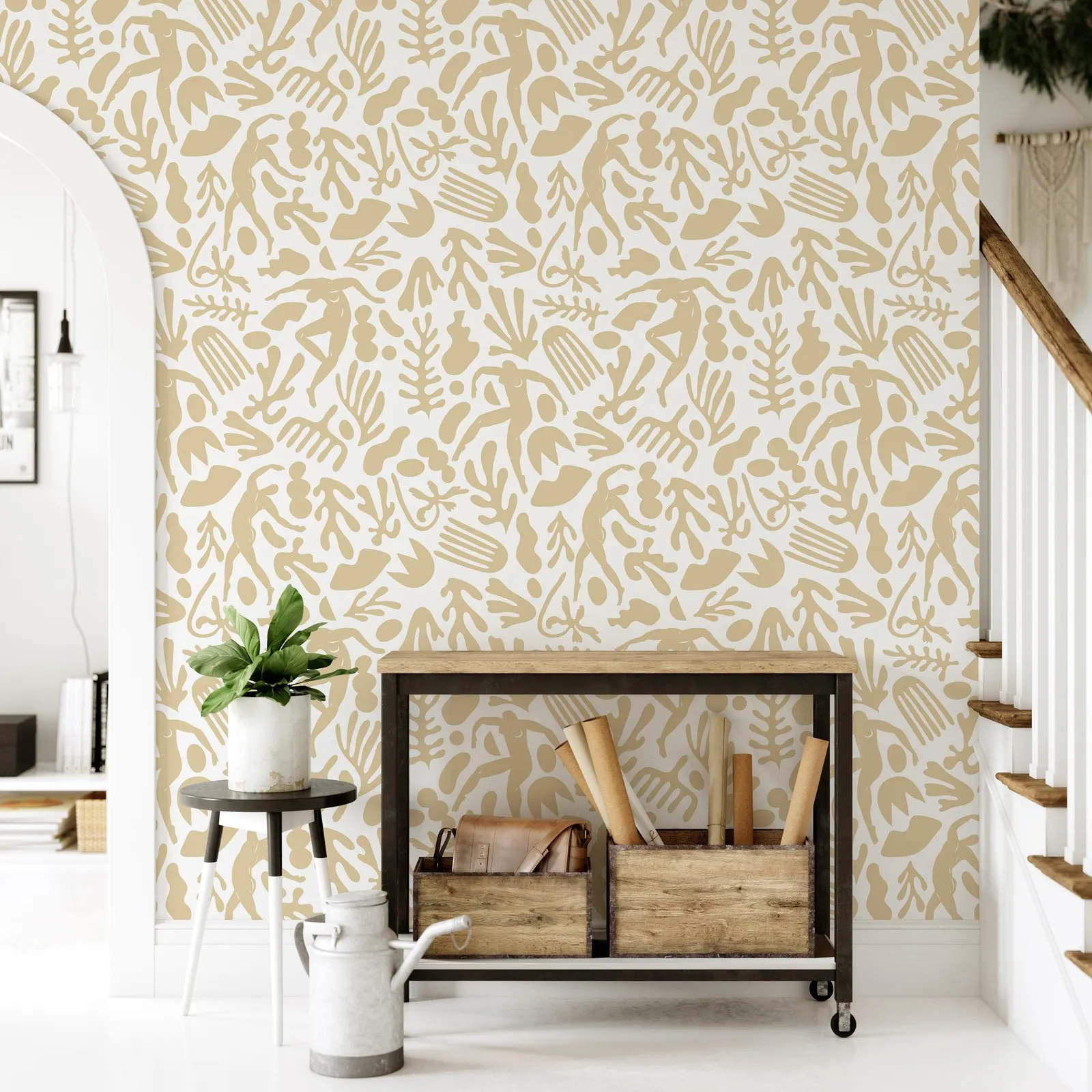 Matisse Dancing Figures in Almond Cream Wallpaper Peel and Stick, Or Traditional Non-woven Minimalist Wall Paper For Home Decors