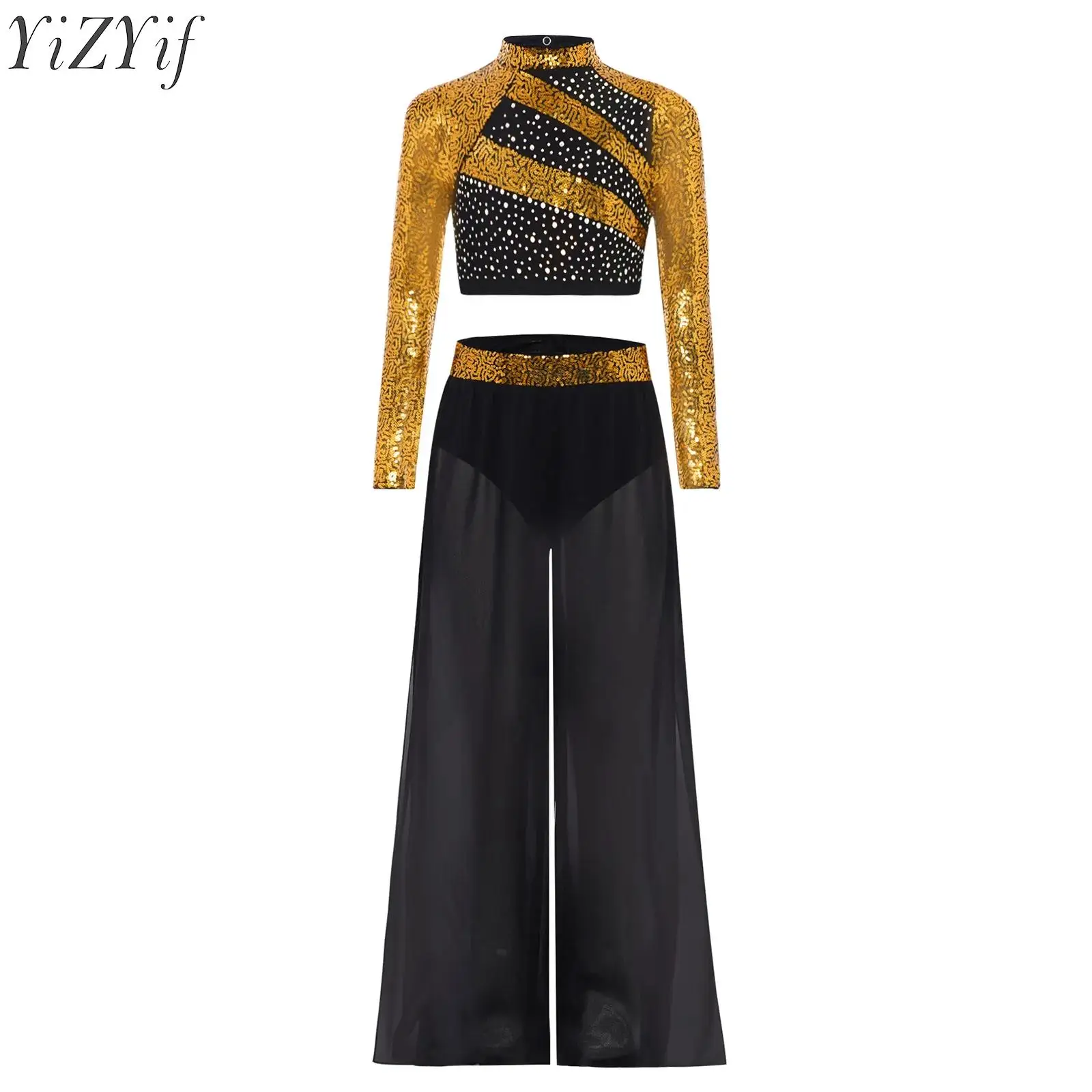 

Kids Girls Lyrical Dance Sets Modern Contemporary Dancewear Stage Costume Crop Top with Chiffon Wide-Leg Side Slit Dance Pants