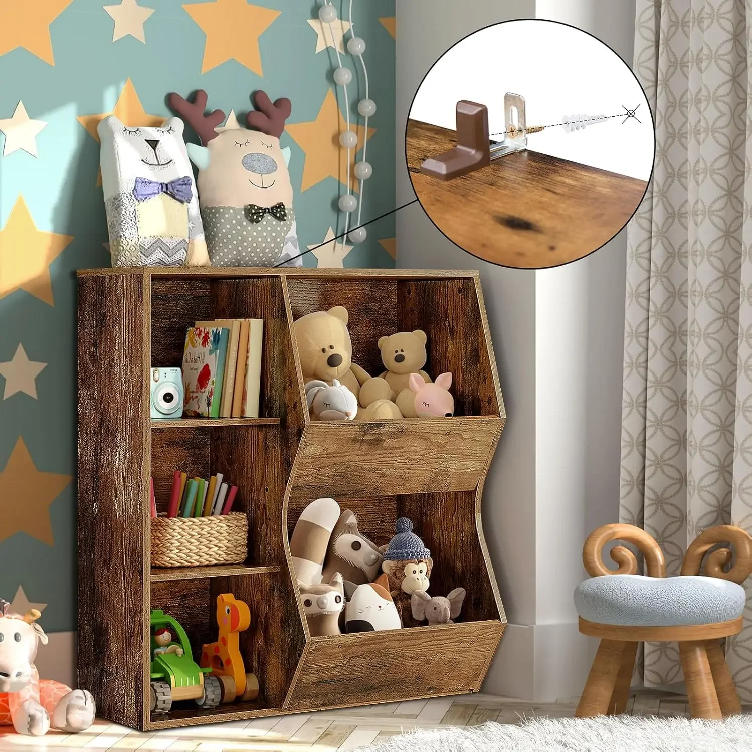 Kids Bookshelf, Toy Storage Organizer, 5 Cubby Children Bookcase, Wooden Toy Storage Cabinet with 2 Adjustable Shelves, Toy Shel