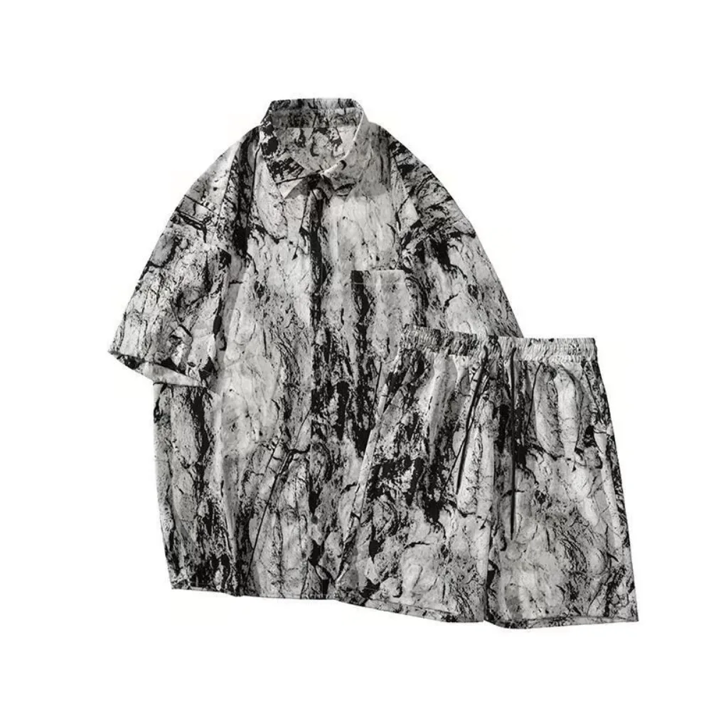Men Sets Short Sleeve Tie-dye Printing Loose Pockets Single Breasted Wide Leg Korean Style Leisure Knee-length Breathable Summer image 6