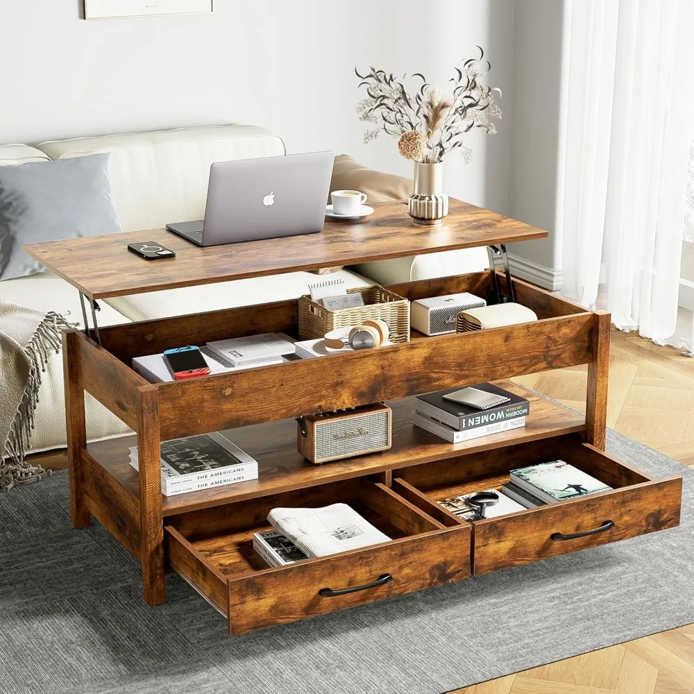 Mesa de centro elevable de madera moderna de 43,3 pulgadas con compartimento de almacenamiento oculto, 2 cajones y estantes, mesa de centro convertible grande