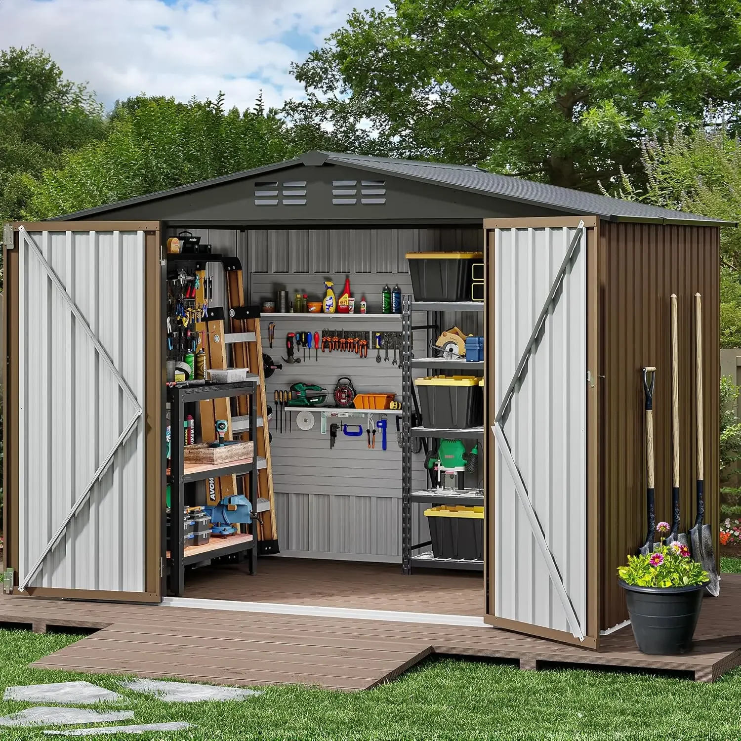 

DWVO 8x6 FT Outdoor Storage Shed, Large Metal Tool Sheds, Heavy Duty Storage House with Lockable Doors & Air Vent for Backyard P