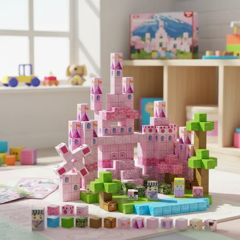 100Pcs Magnetic Blocks Free Assembly Pink Princess Castle 3D Creative DIY Decor STEM Gift For Girls Present Premium Box