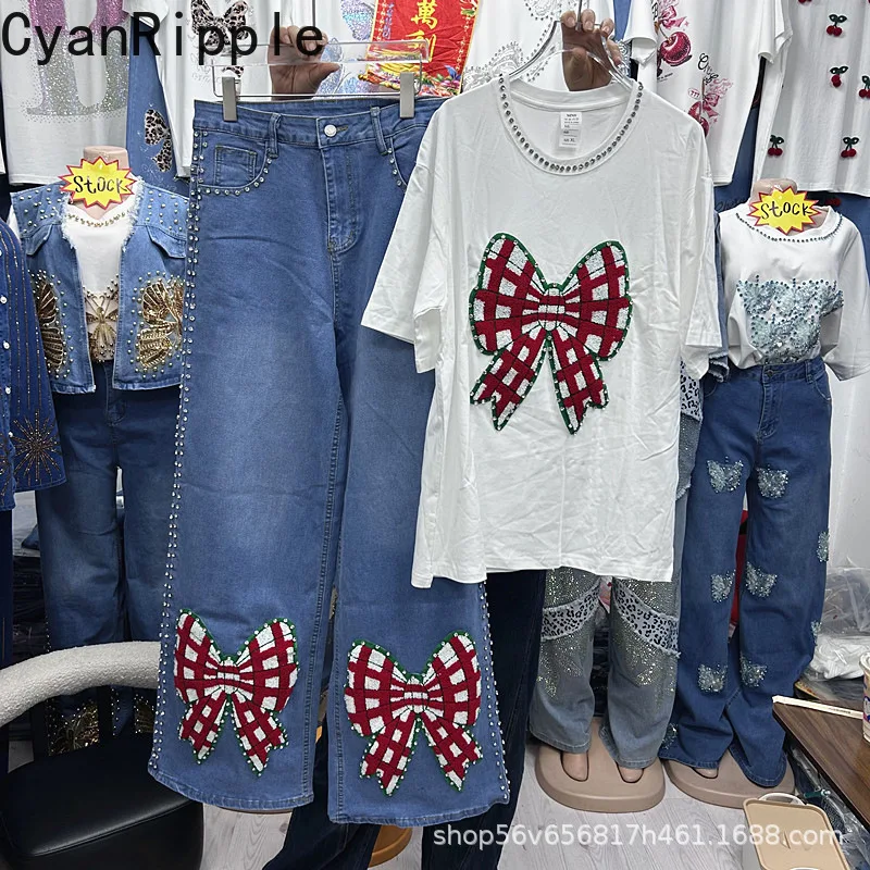 

Fashion Spring Summer Women Two-piece Set Patch Bow Hot Diamonds White Short Sleeve T-shirt Top + High Waist Wide Leg Long Jeans