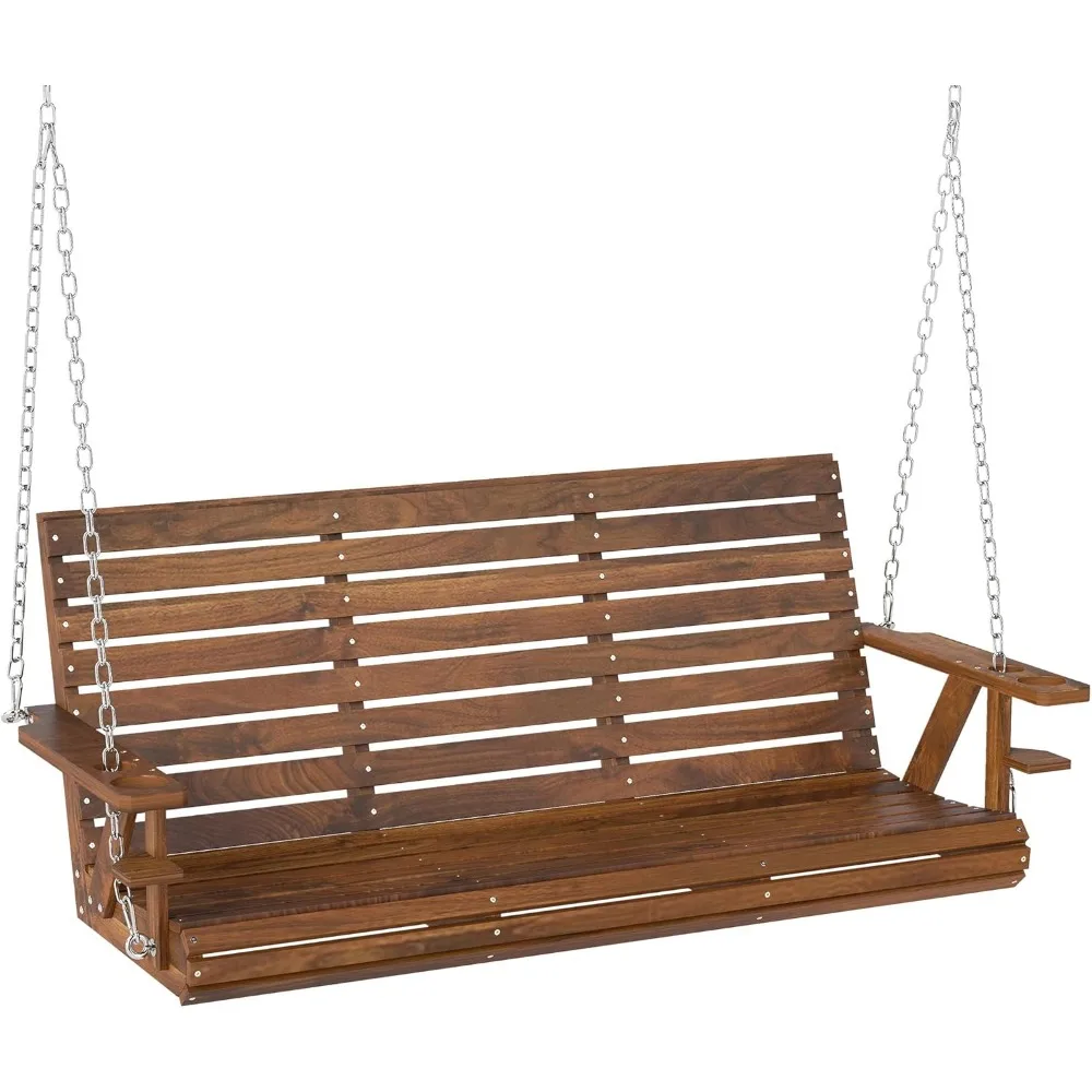 

Upgraded Wooden Porch Swing 3-Seater, 5 FT Outdoor Patio Swing Bench with Cupholders, Hanging Chains, Swing Chair Bench for Pat