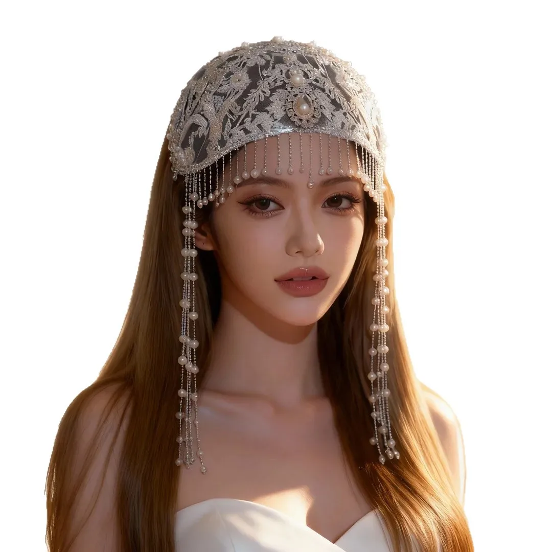 Ricamo a macchina Copricapo di perline vintage Maglia di pizzo Berretto con nappa Accessori per capelli Parrucchino per abito da sposa