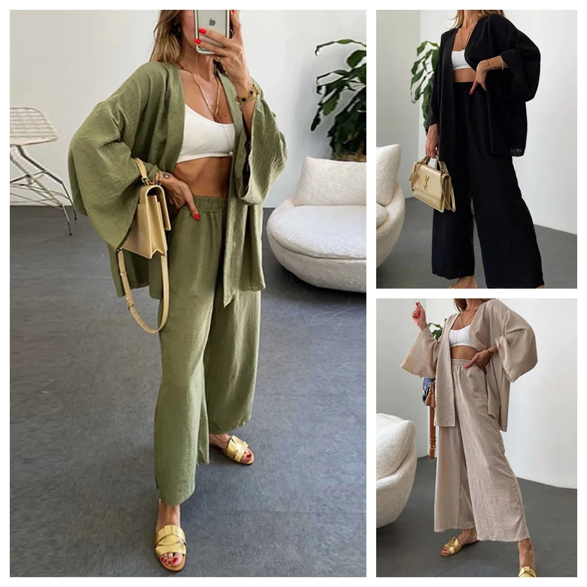 

Women Suit 2024 New Autumn Fashion Two-piece Womens Spring Office Cardigan + Wide Leg Pants Suit Ladies