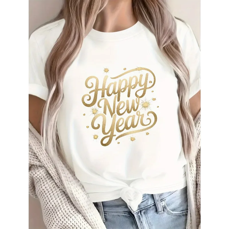 

Ladies' Black T-shirt Elegant Gold New Year Starry Sky Pattern Soft Casual Party Shirt New Year Celebration and Daily T-shirt