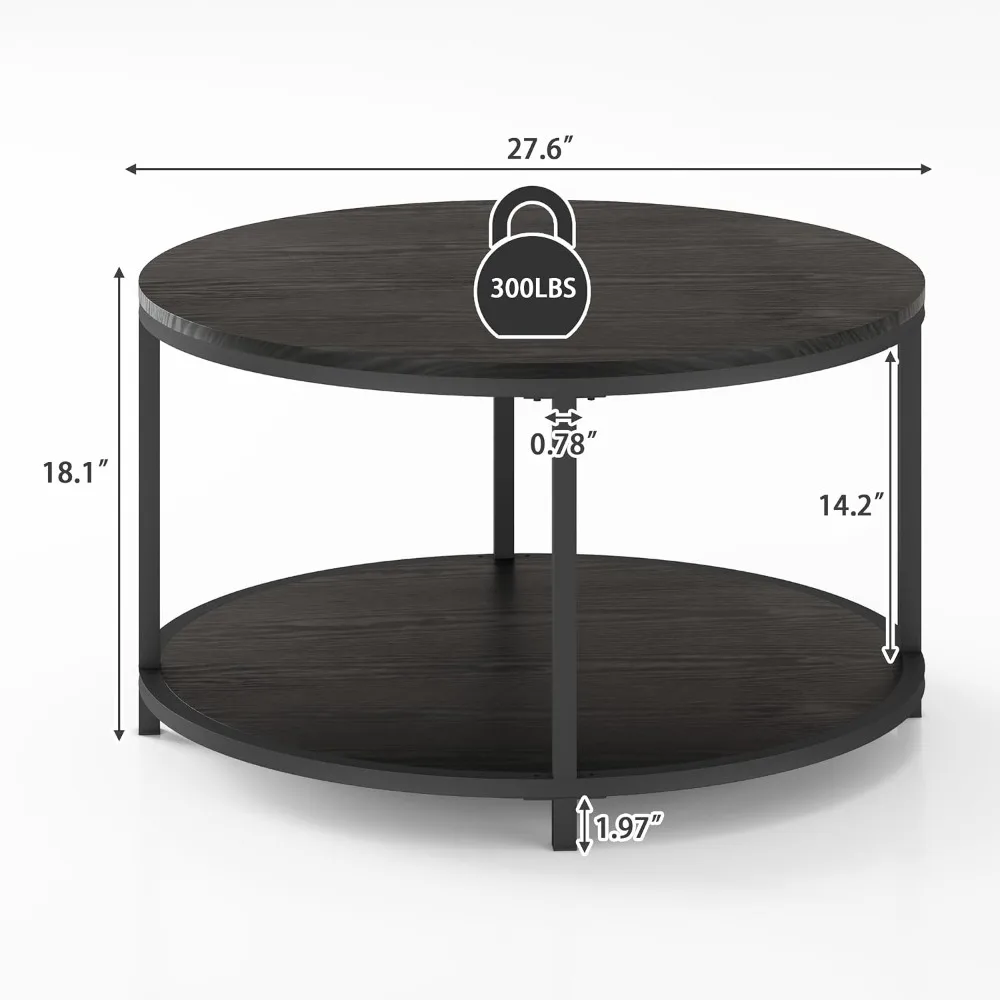 Round Coffee Table 27.6 Inch 2-Tier Wood Top with Storage Shelf for Living Room, Black