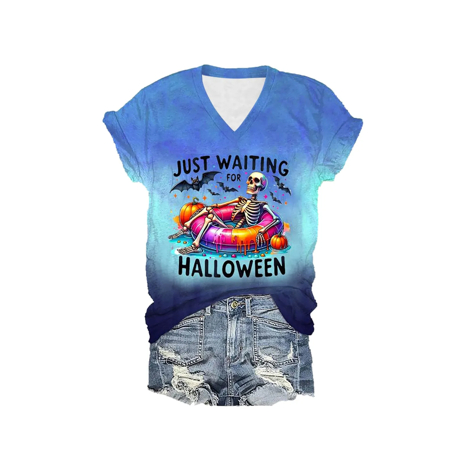 Camiseta de manga corta con cuello en V para fiesta de vacaciones, camiseta divertida con estampado de esqueleto, camisetas de bloques de colores, Just wait For Halloween