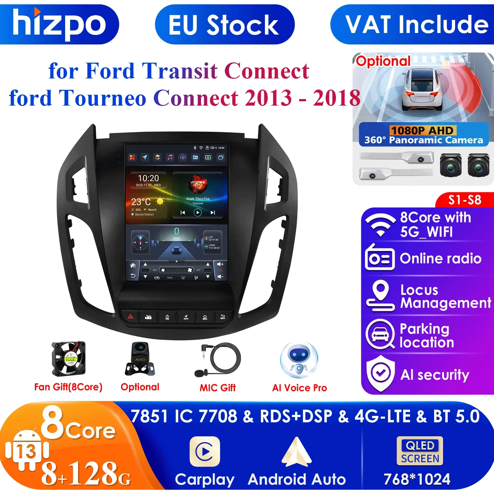 Hizpo Carplay 4G 2Din Android Car Radio for Ford Transit Connect 2013 -2018 Ford Tourneo Connect Multimedia Video Player GPS DSP