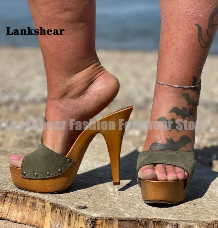 

Olive Green Suede Mule Sandals Metal Stud Rivet Decor Open Toe Solid Wood Platform Ultra Thin Stilettos Sandalias De Mujer Veran