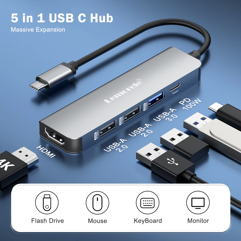 Lemorele USB Hub USB C 3.0 Hub 5Ports Docking Station Type C Hub 4K30Hz HDMI-compatible USB 3.0 Adapter For Macbook Air M1 iPad