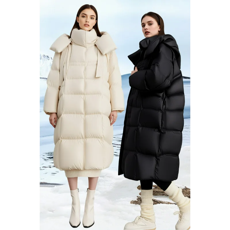 

Streamer White Duck Down Long Jacket Women Hooded High-end Thickening Loose Large Size Over-the-knee Coats Long-sleeved Camel