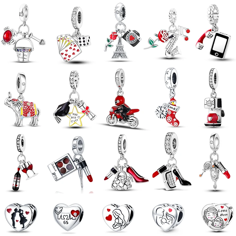 Rose Lipstick High Heels 925 Sterling Silver Fashionable Cute Red Theme Charms Beads Fit Pandora Original Bracelets DIY Jewelry