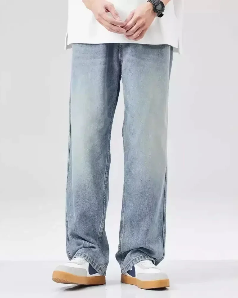 جينز جديد ذو سكين منحني للرجال بنطال جينز أمريكي عتيق مغسول بأرجل واسعة للفصول الأربعة فضفاض مستقيم الساق يشعر جينز الشارع