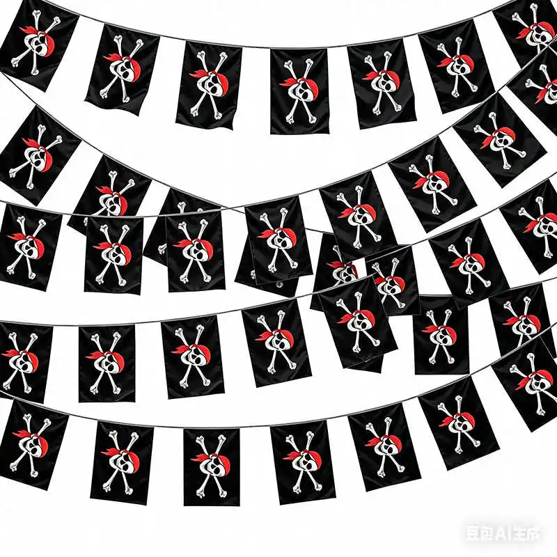 20Pcs Jolly Roger Pirate Flag Bunting 14x21cm Polyester Skull Crossbones Banner String Flags for Halloween Party Indoor Outdoor