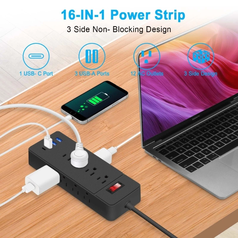 Power Strips with 180cm/5.9ft Cord 12Outlets USB/Type C Port Low Profile Flat Plugs for Home and Office Use Power Supply