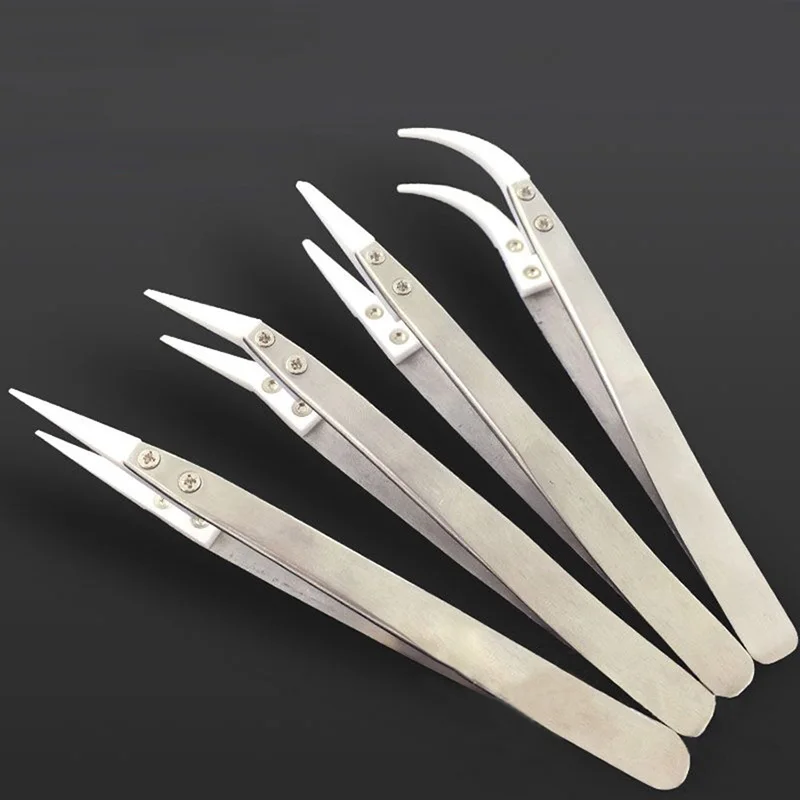 Curved Straight Aimed Ceramic Tweezers for Electronics Soldering with Stainless Steel Handle Tweezers Precision Tweezer Tool